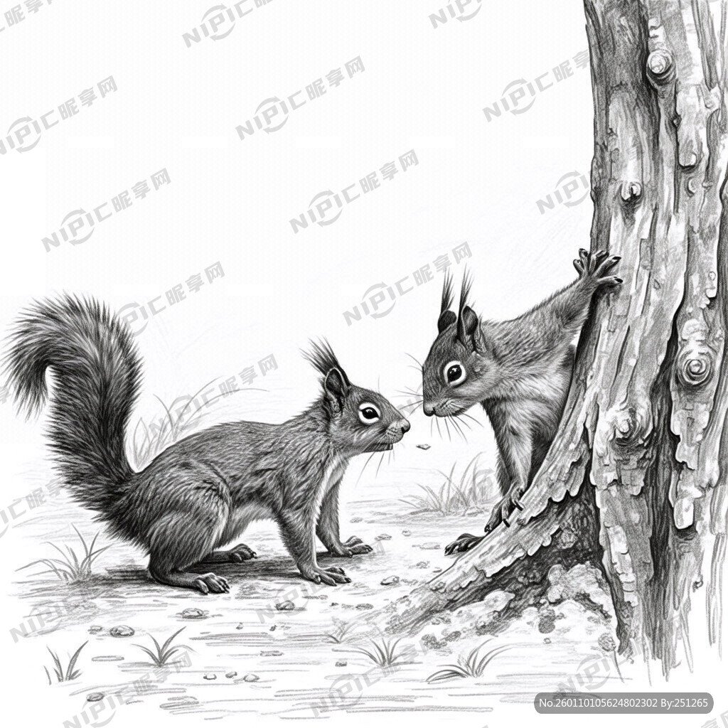 两只松鼠在地上戏耍 素描