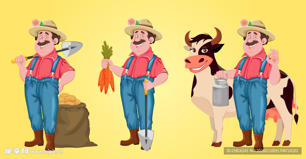 农夫与动物劳作插画