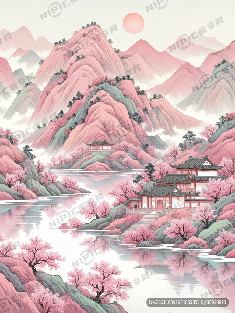 写意山水画 装饰建筑 粉色