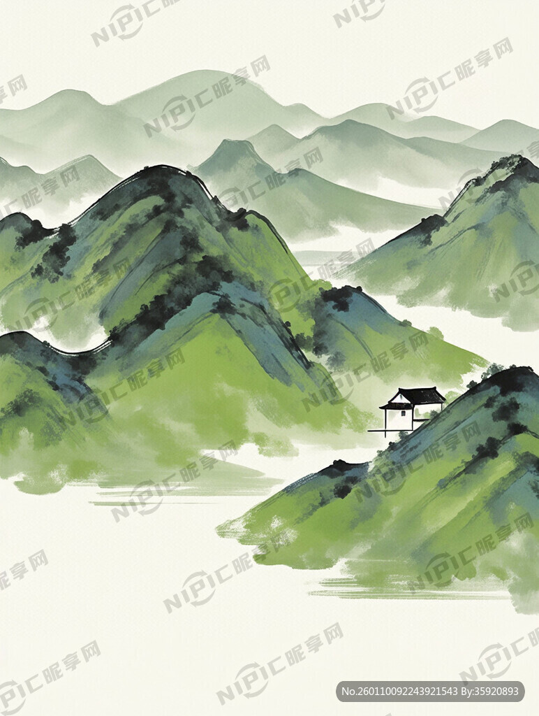 写意山水画 装饰建筑 墨绿色