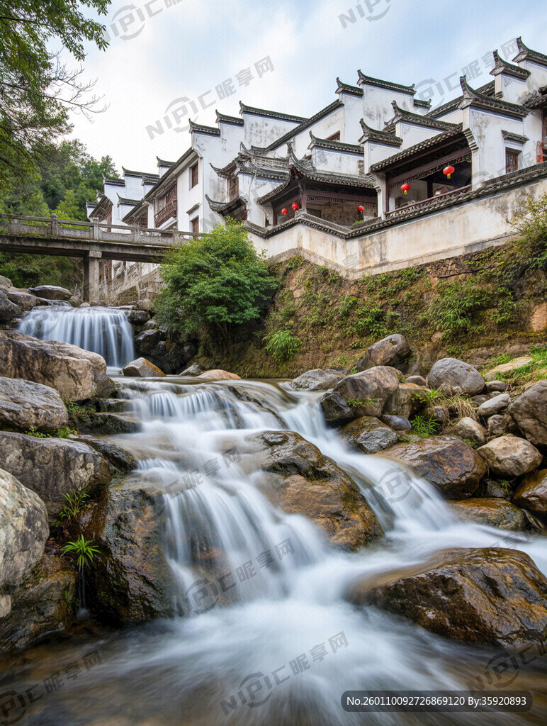 太阳 徽派建筑 山水写实 流水