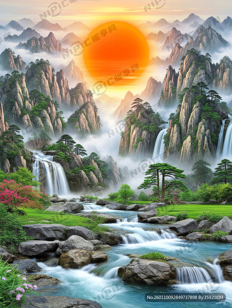 太阳 中式装修 山水写实 流水