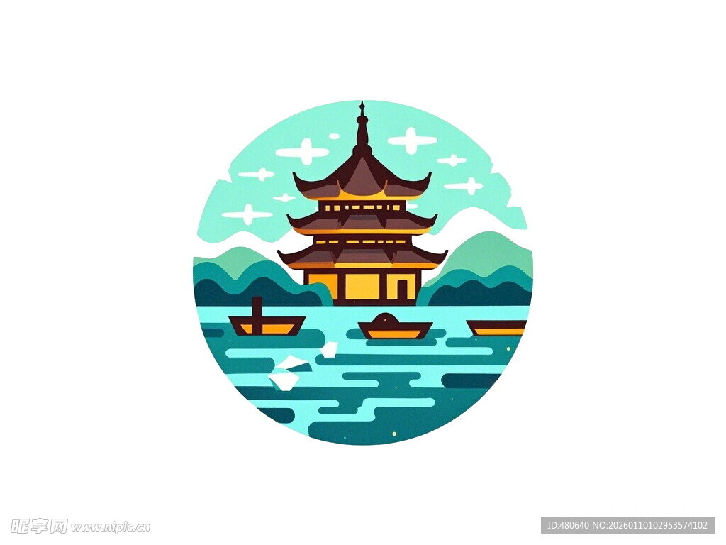 中式湖畔楼阁风景插画