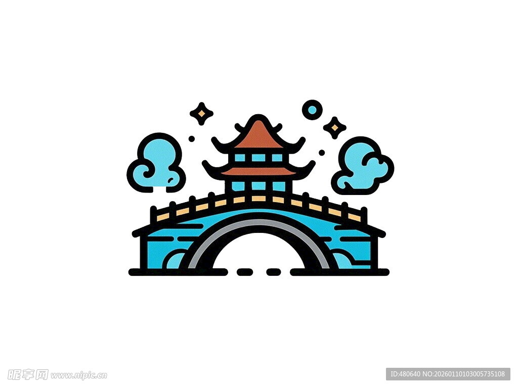 中式古风桥与楼阁图案