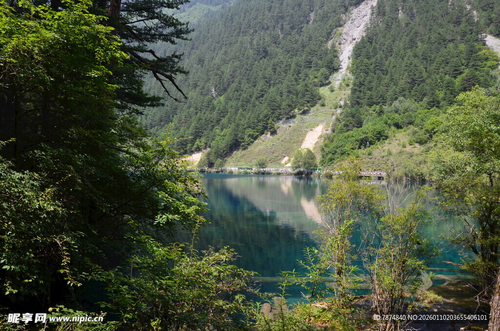 山林环抱的静谧碧绿湖泊