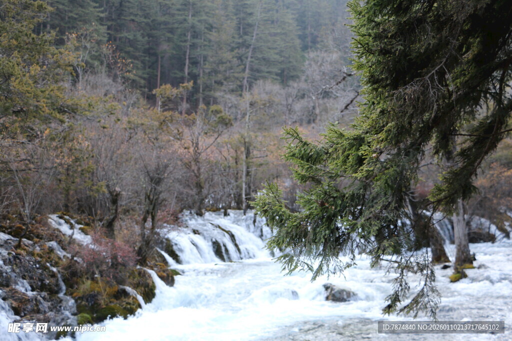 山间溪流雪景图