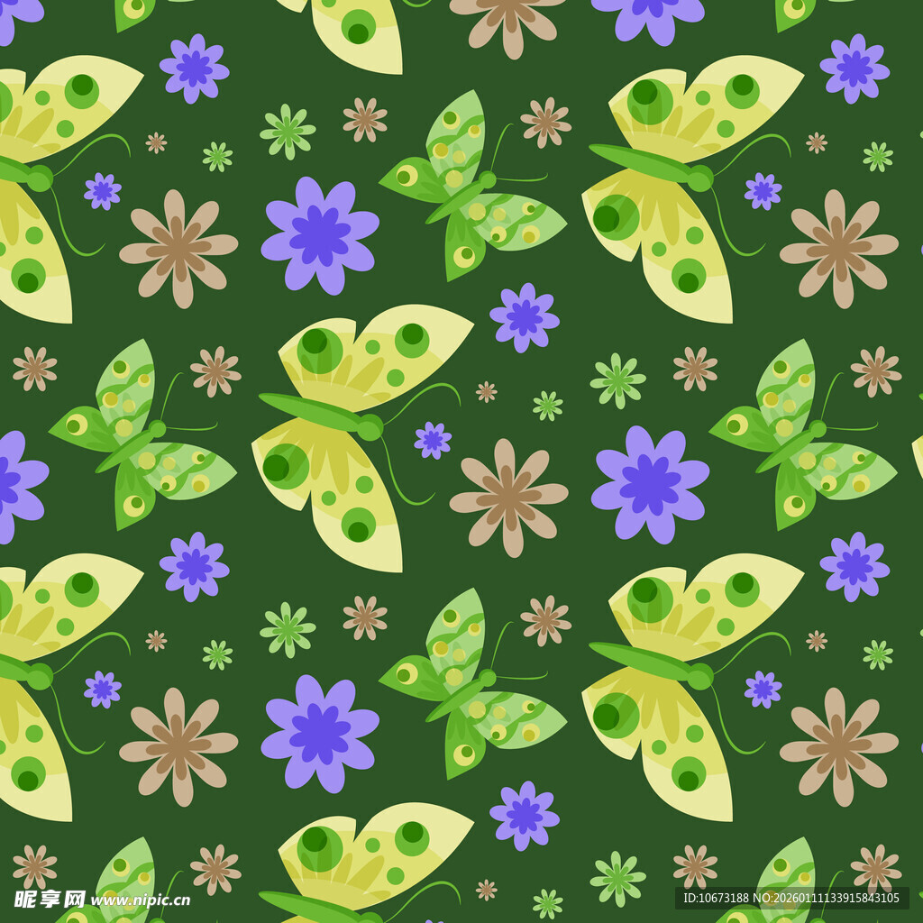 绿色花卉蝴蝶无缝图案