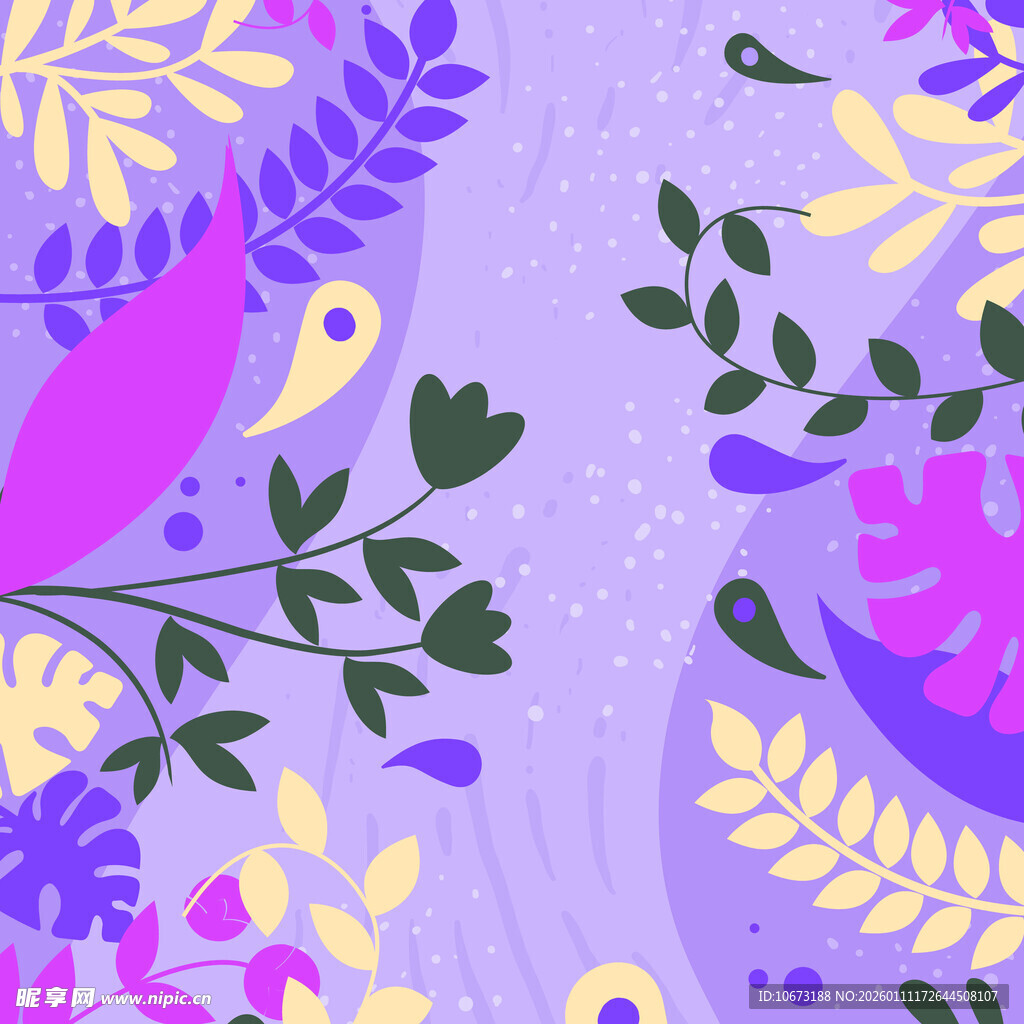 梦幻紫色系花鸟植物插画