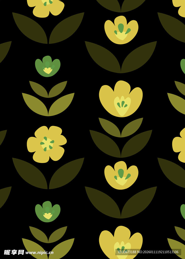 黑色底黄色花朵植物图案