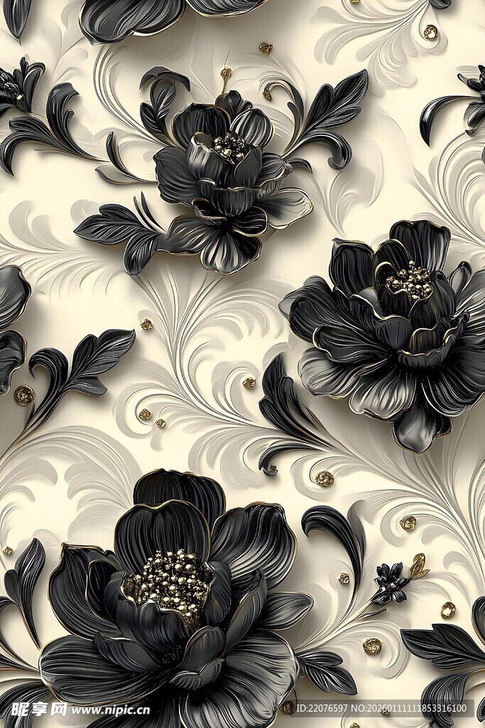 黑白花卉精美墙纸图案