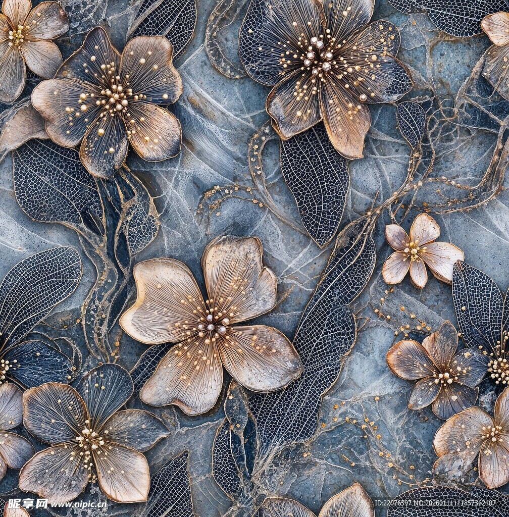 蓝底复古风花卉图案