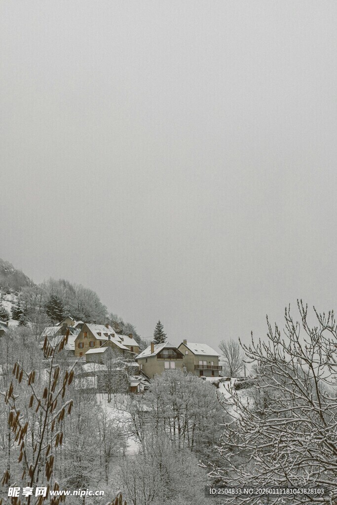 雪覆山林中的村落景观