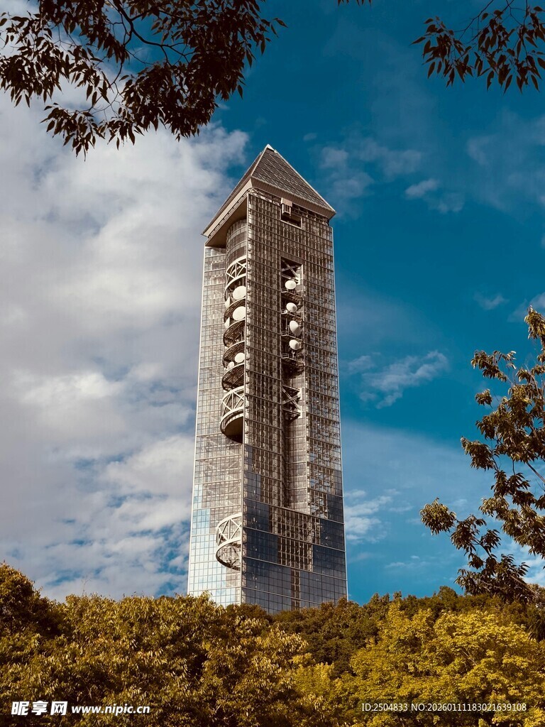 高耸塔楼立于葱郁林间