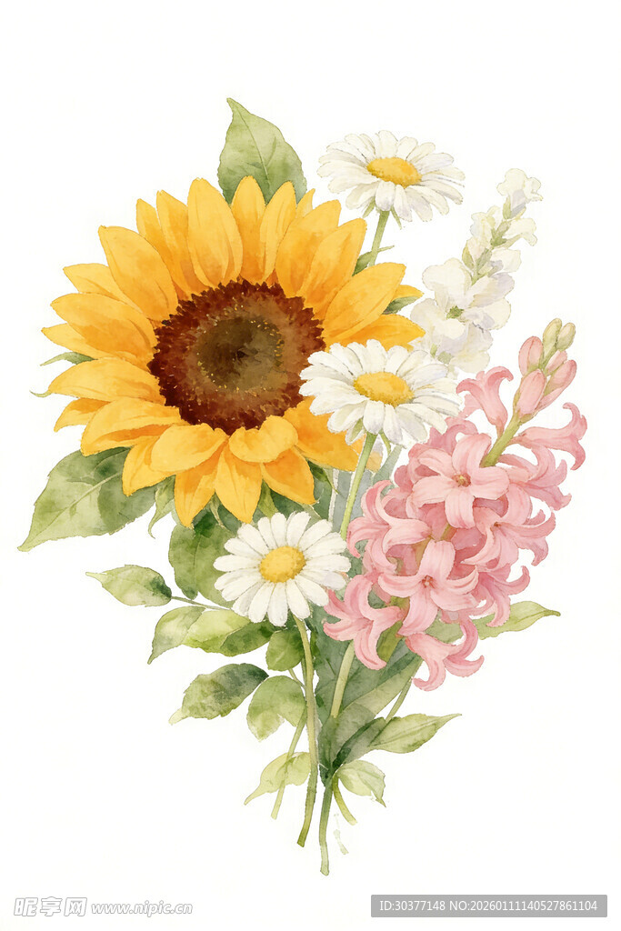 手绘向日葵与花卉组合