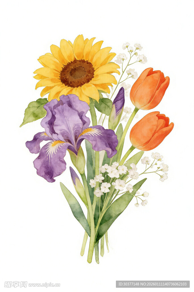 水彩绘多彩花卉组合