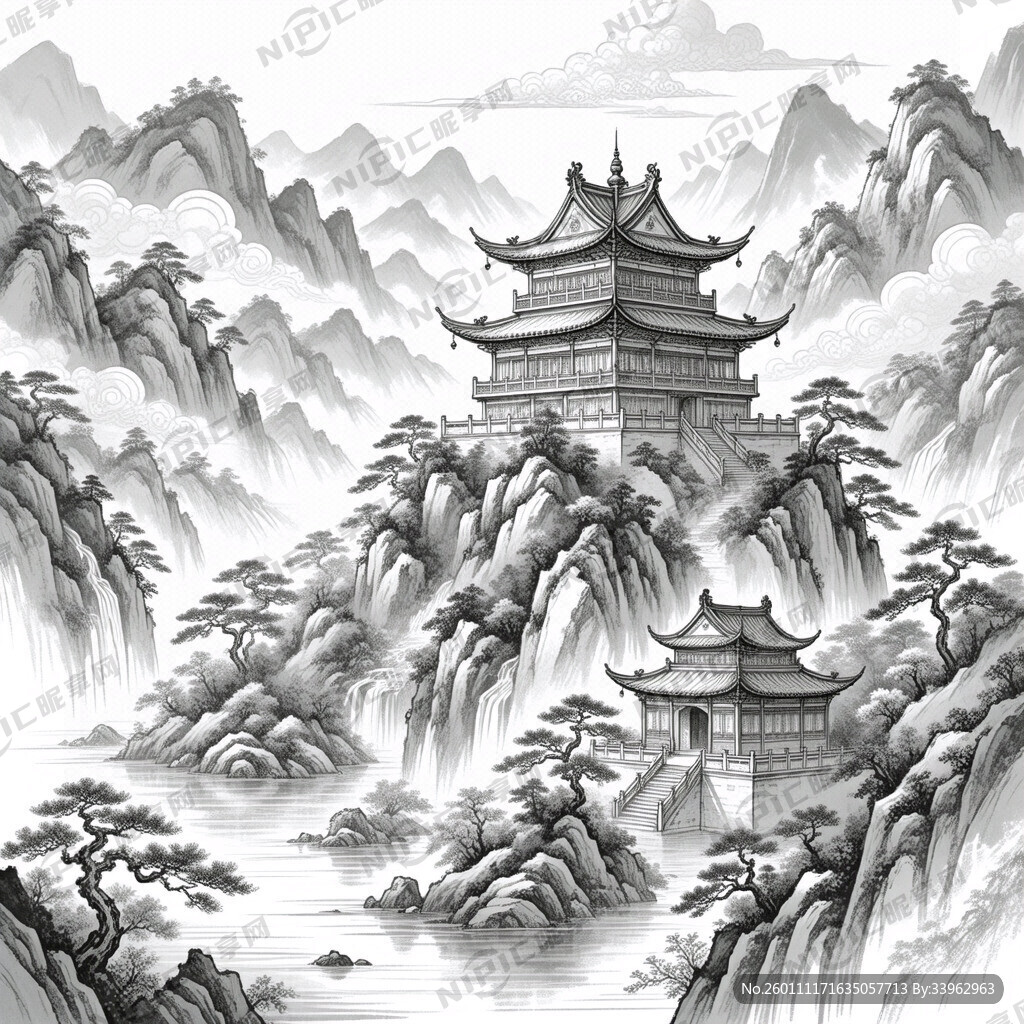 有古风楼阁的山水线条画
