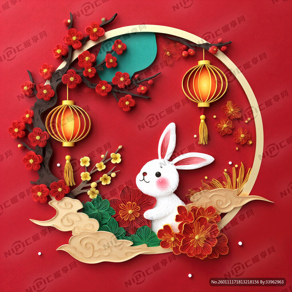 衍纸艺术 春节 可爱兔子 红梅