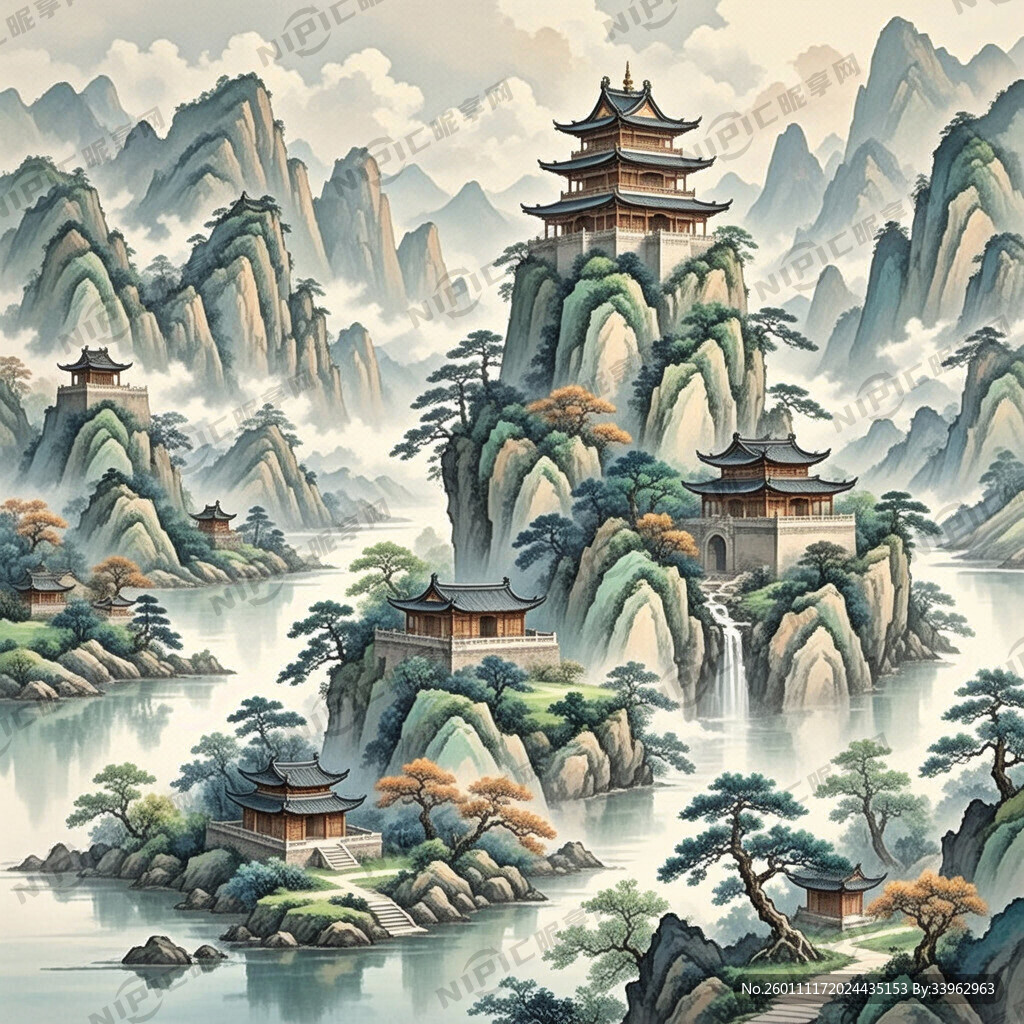 有古风经典韵味的楼阁山水画