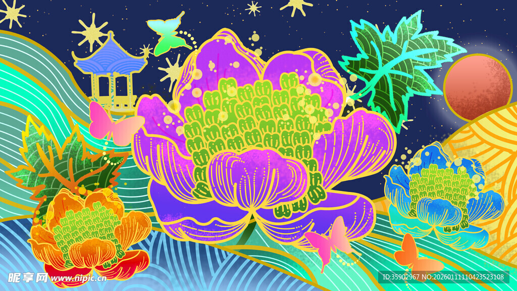 梦幻多彩莲花夜景插画