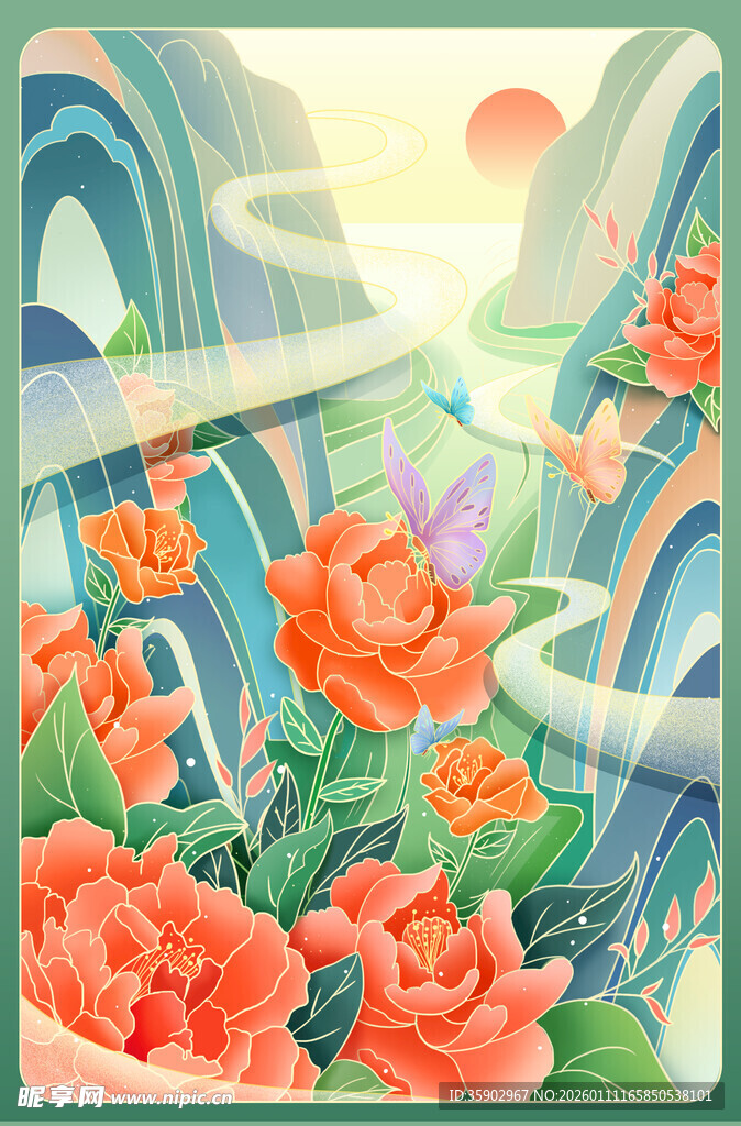 梦幻花卉与山水风景图