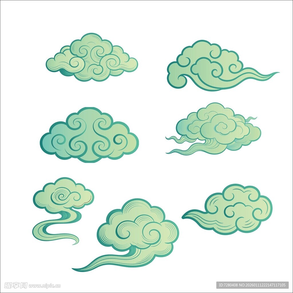 中式古典绿色祥云图案集合