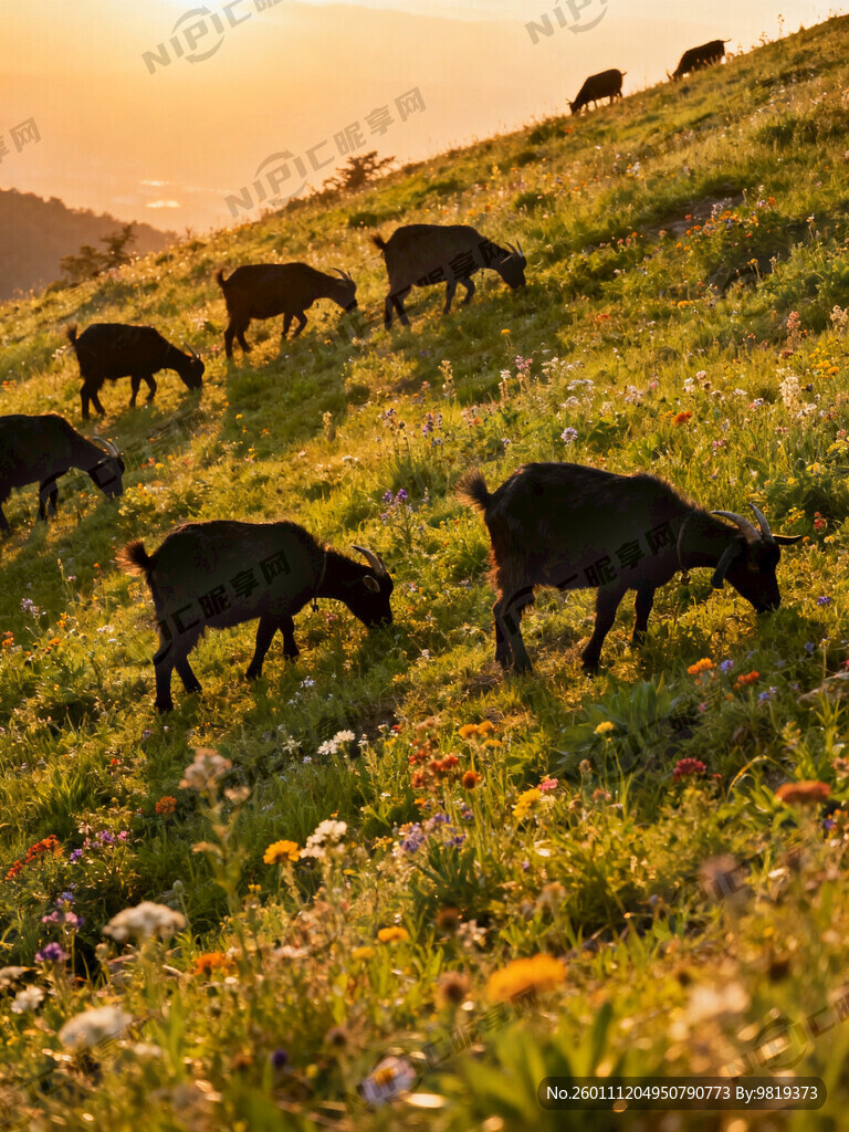 一群黑山羊在山上吃绿草