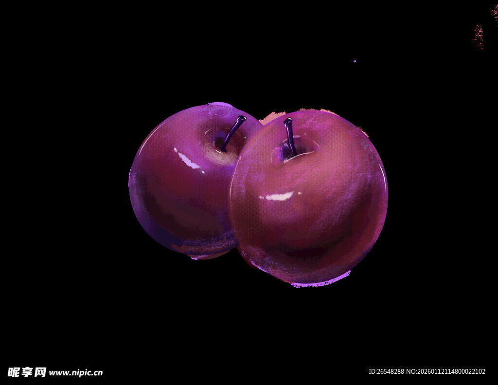 双紫苹果悬浮于黑色背景