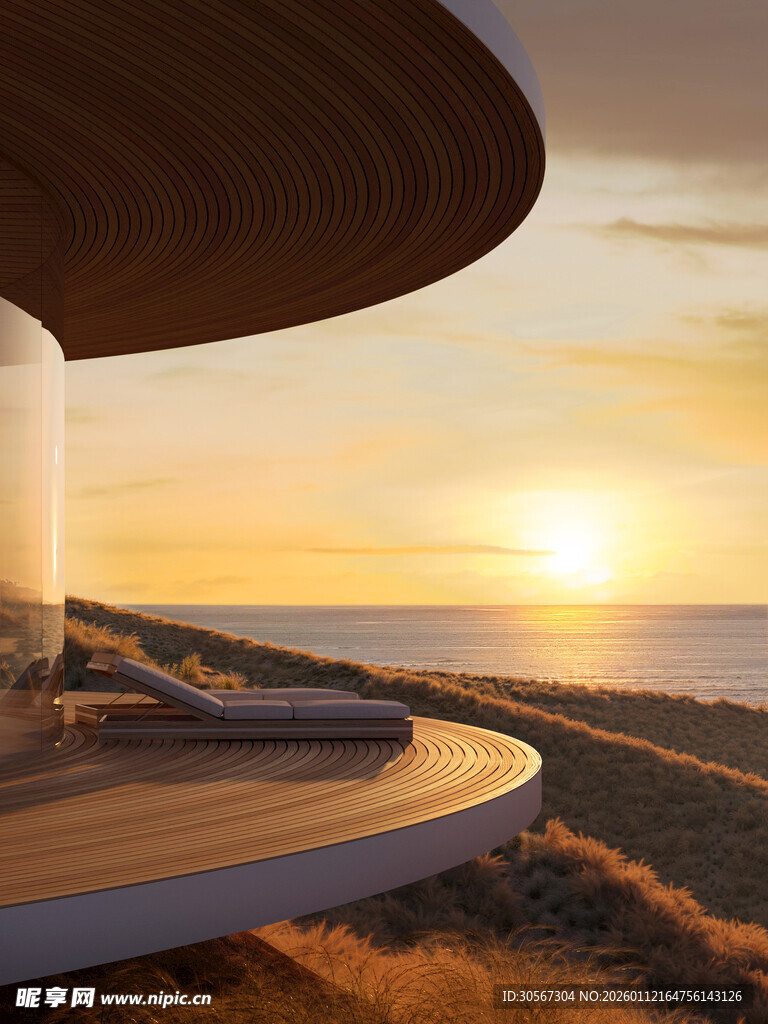 海边夕阳下的现代露台景观