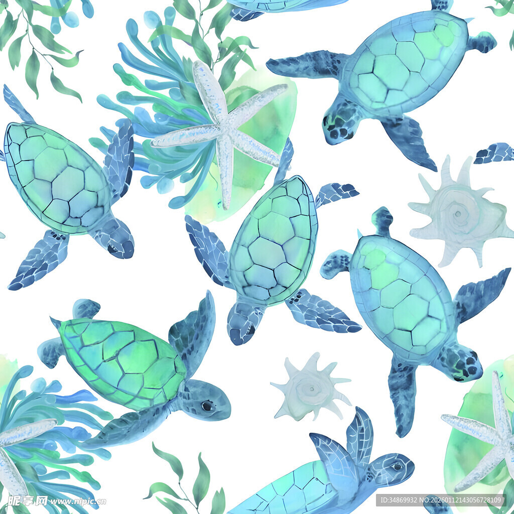 水彩海龟与海洋植物图案