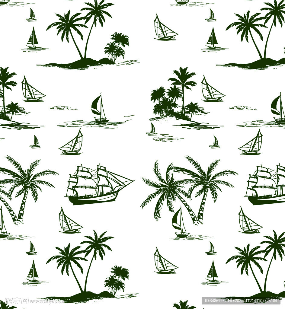 热带风情帆船棕榈树图案