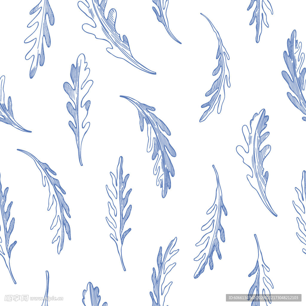 蓝白手绘植物枝叶图案