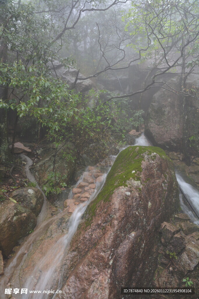 山间雾中溪流美景