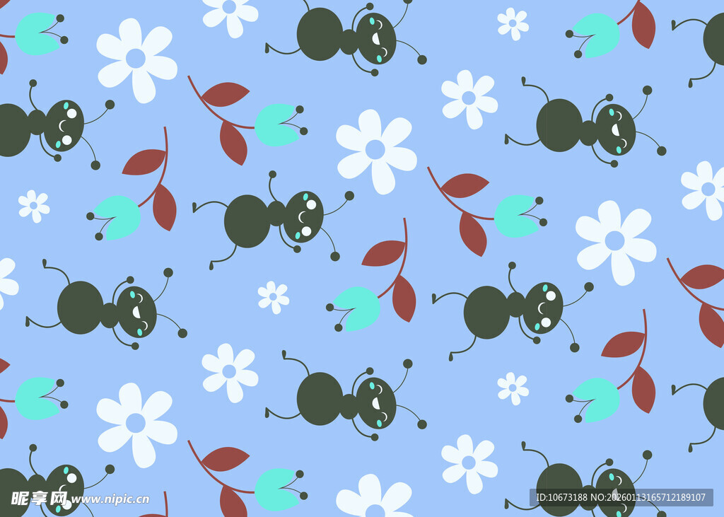 蓝色背景可爱昆虫花卉图案