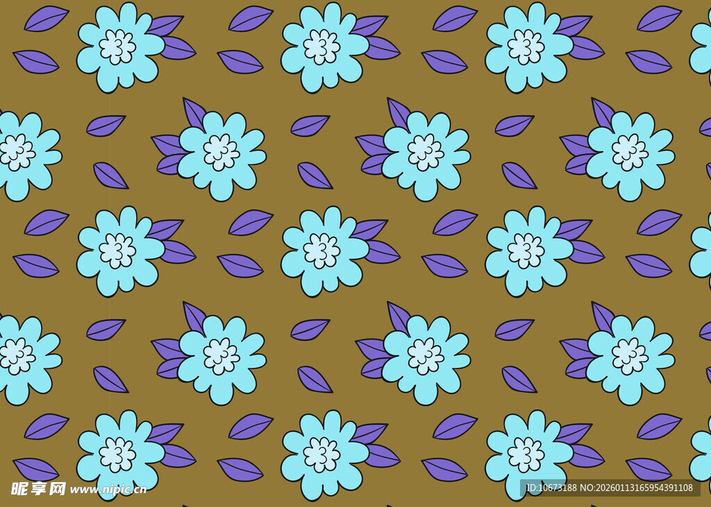 蓝花紫叶棕色背景图案