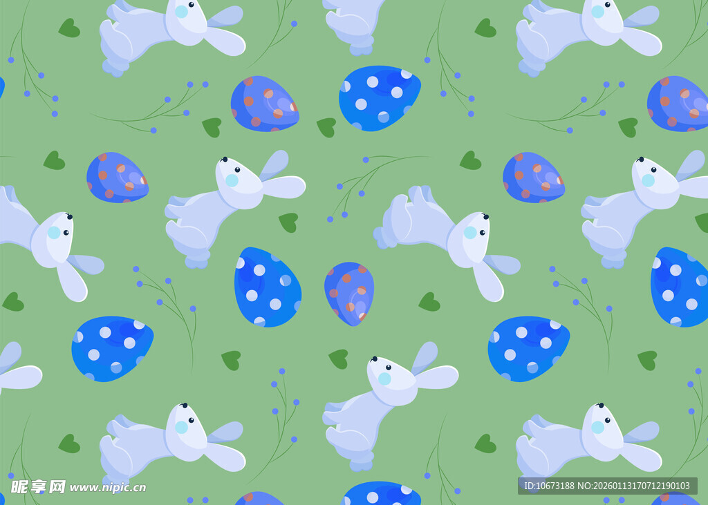 绿色底纹上的兔子与蓝球图案
