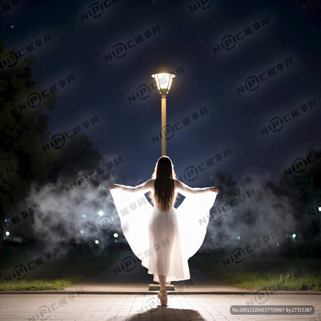 夜色下路灯下仙气飘飘的长头披发