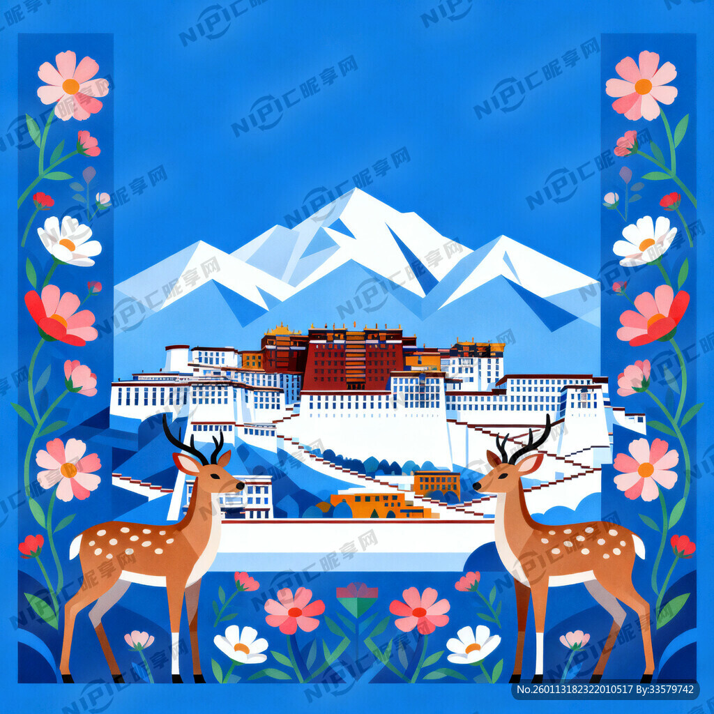 布达拉宫 梅花鹿 格桑花 雪山