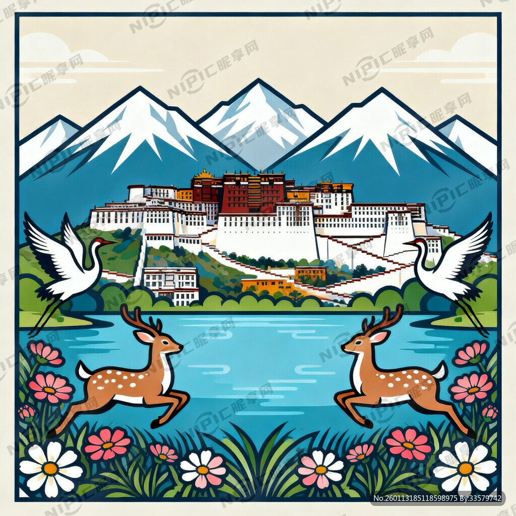 布达拉宫与雪山对称 湖泊 仙鹤