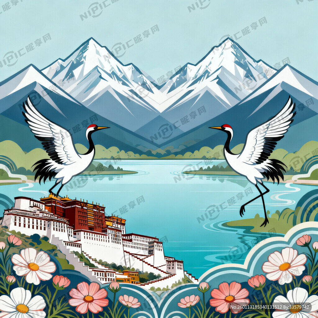 方形画面 湖泊 舞动的仙鹤对称