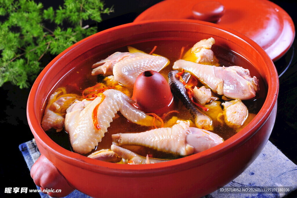 红陶锅炖美味鸡肉