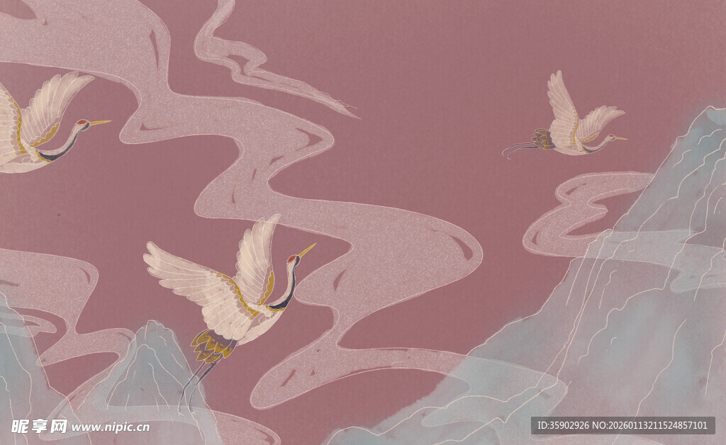 中式飞鸟山水意境插画
