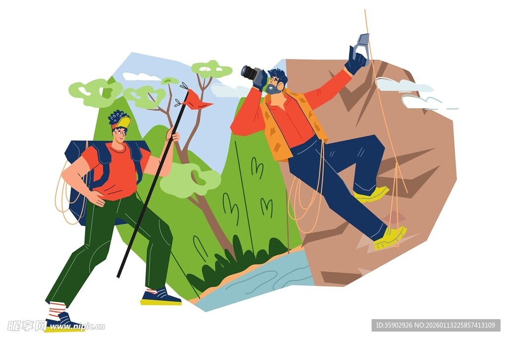 户外徒步者攀登山间小道