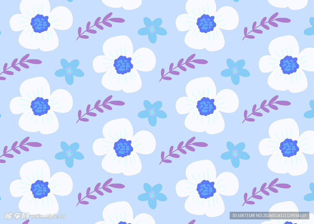 蓝底白花简约花卉图案
