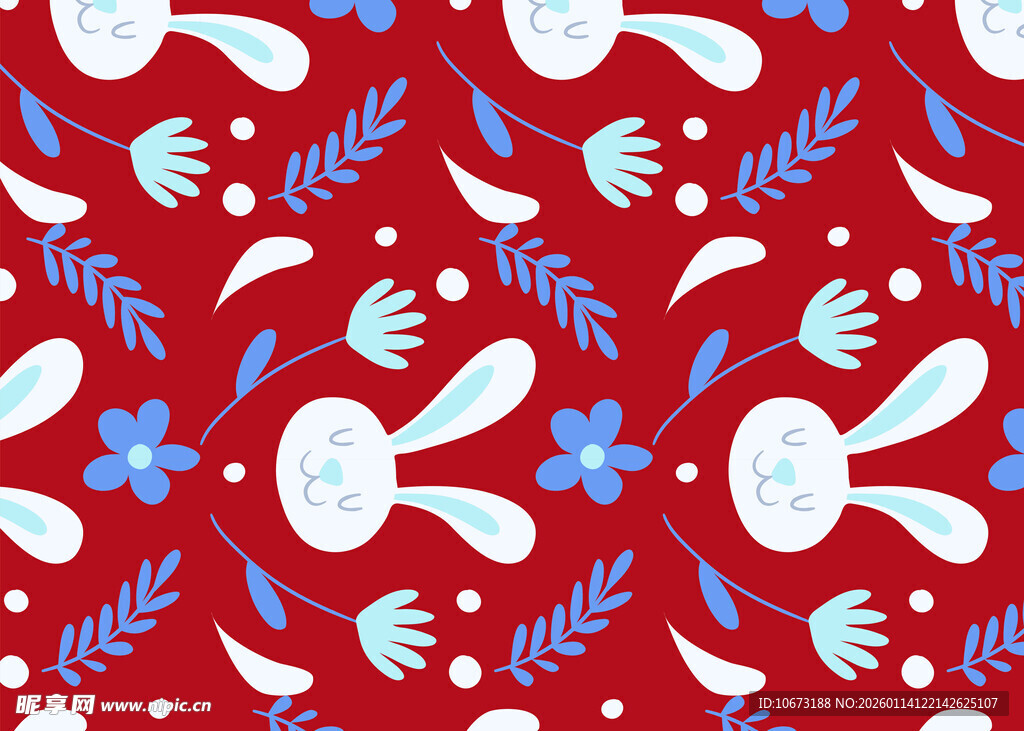 红色背景兔子花卉图案