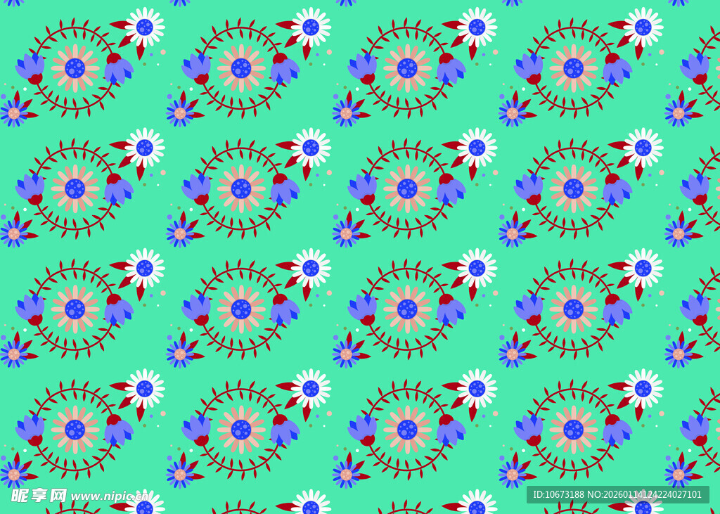 清新绿底花卉无缝图案