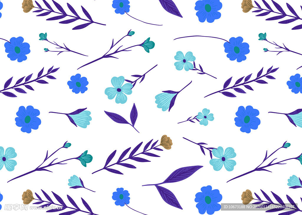 蓝紫色花卉植物无缝图案