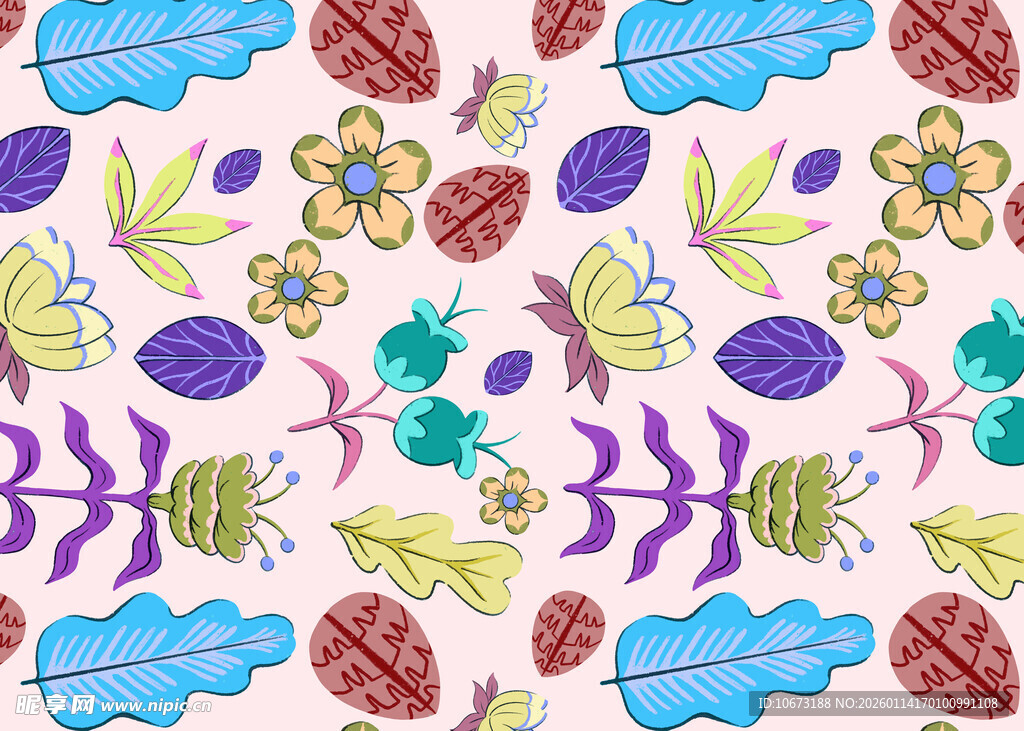 多彩植物图案无缝背景
