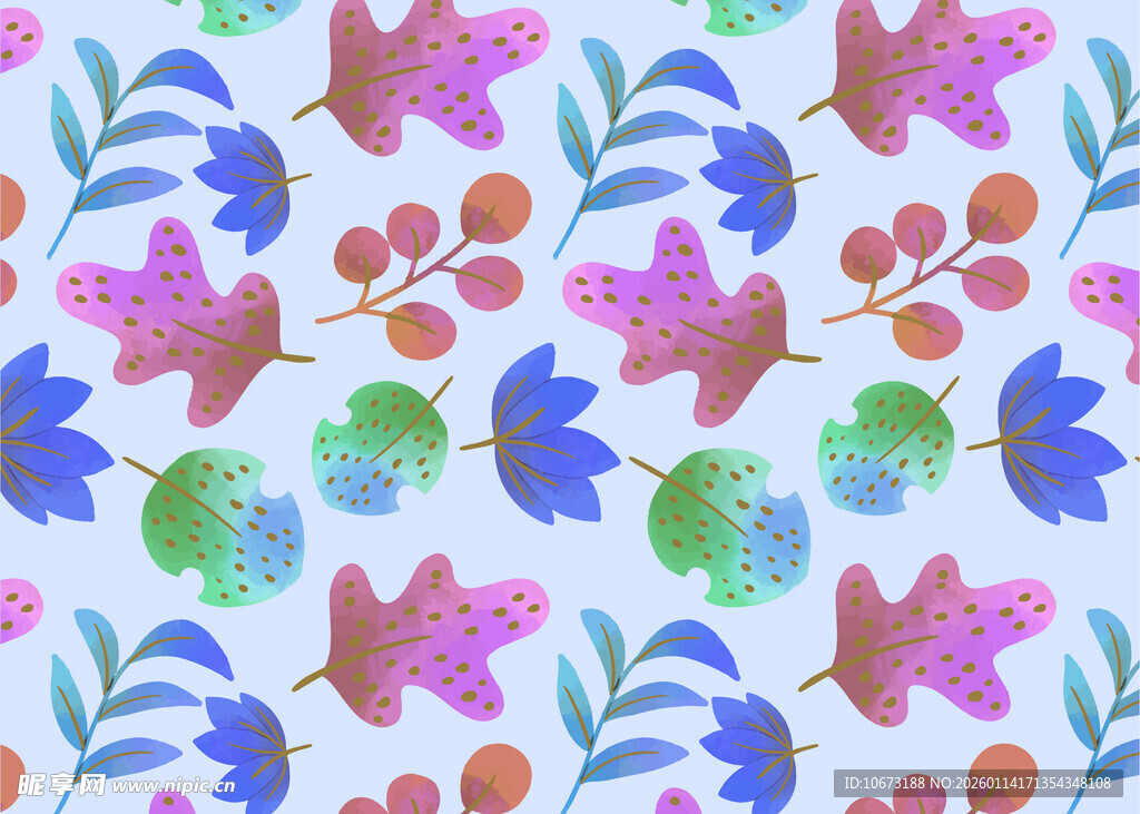 水彩风多彩花叶图案背景