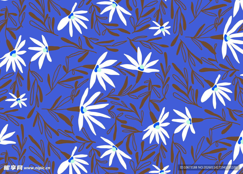 蓝色背景白色花卉图案