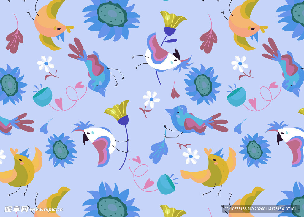 多彩花卉小鸟图案背景